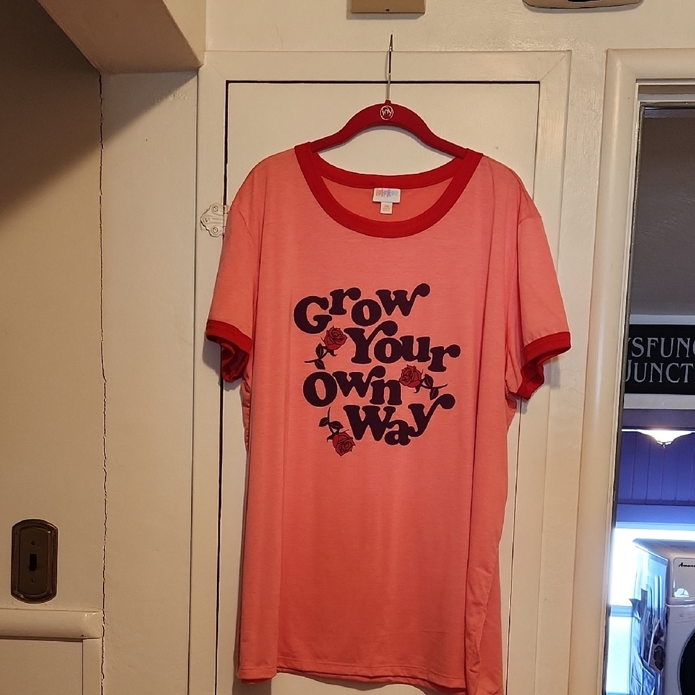 🔥LuLaRoe Pink Ringer Top With Red Trim